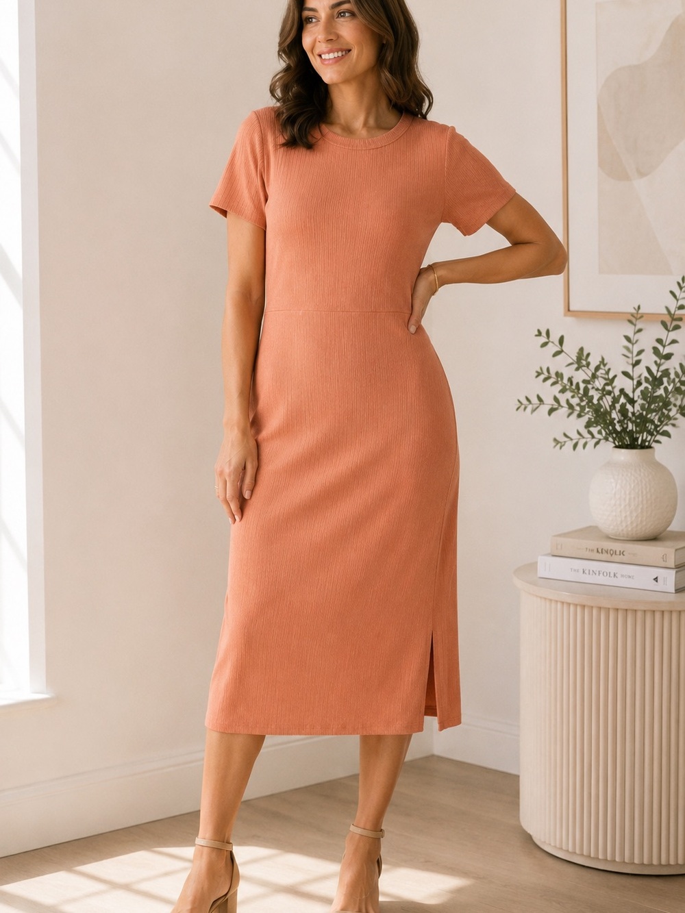 Liz Claiborne Ribbed Midi‎ Dress Medium Peach Short Sleeve Stretch Casual NWOT
